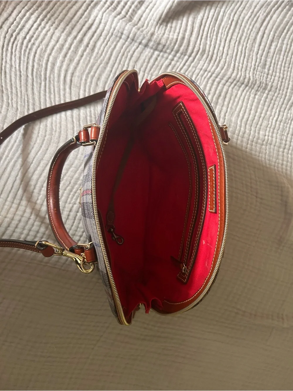 Dooney & Bourke Gray Plaid Satchel with Brown Leather Trim and Strap